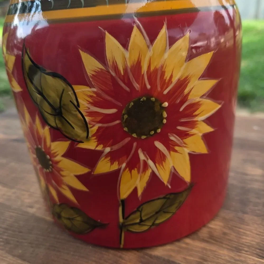 Pier 1 Imports Sunflower Lidded Canister NWT Hand Painted Terracotta